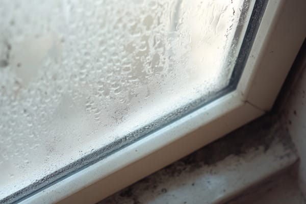 Condensation on a home window with black mold in the corner of the window pane