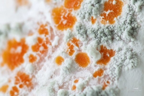 A close-up image of white, bright orange, and light gray mold