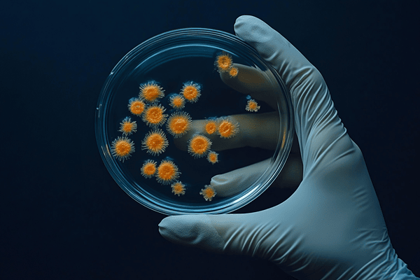 a latex-gloved hand holding a petri dish with an orange mold sample