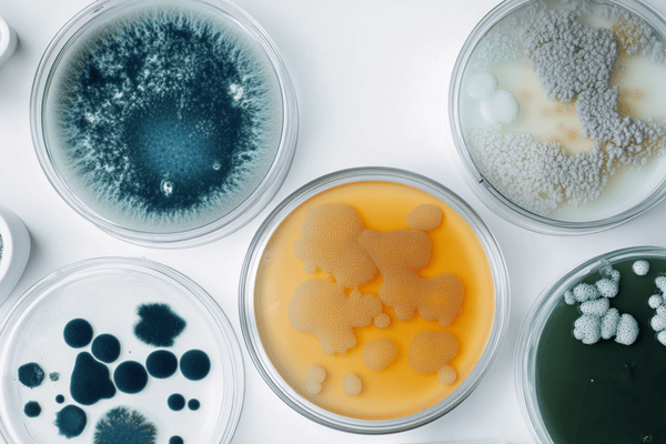 five petri dishes holding different samples of mold