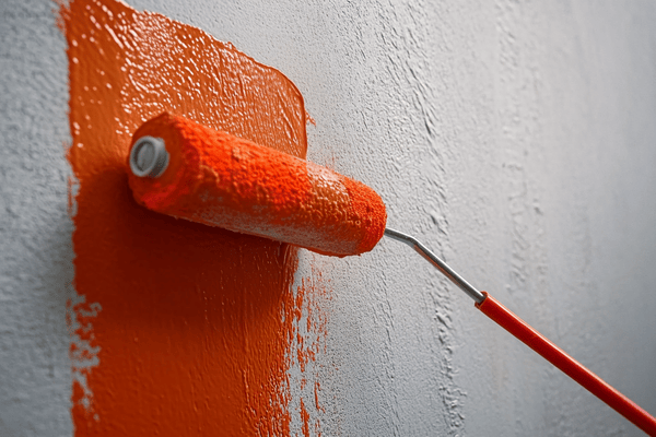 A paint roller painting a wall orange