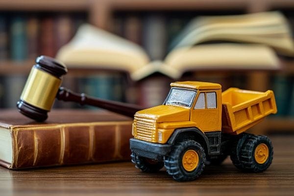 A toy dump truck next to a book with a gavel on top of the
                    book