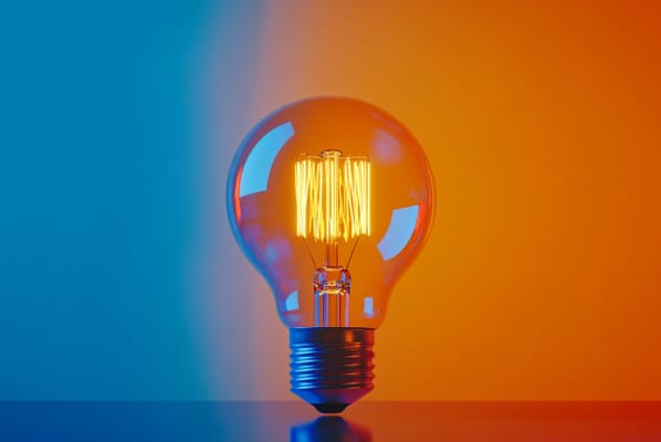 A glowing incandescent light bulb centered against a vibrant background split into cool blue on the left and warm orange on the right, symbolizing learning and wisdom at IRMI.
