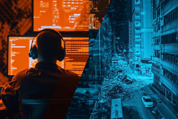 Split screen of a hacker and property damage on a city's street