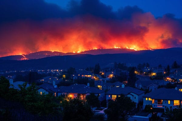 A wildfire burning in the hills over a neighborhood and smoke filling the sky
