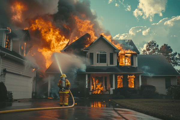 A firefighter sprays water at a house that's on fire