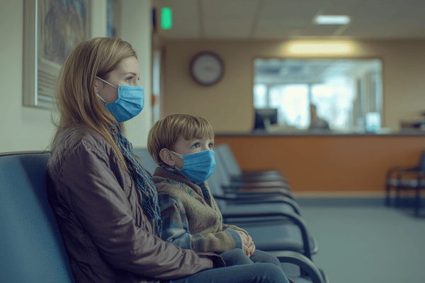 A mom and her son wear blue medical masks while waiting in a doctor's office