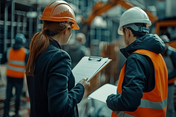 A businesswoman in a hard hat and a construction worker review paperwork on a jobsite