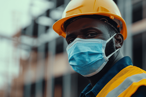 a construction worker on the jobsite wears a medical face mask