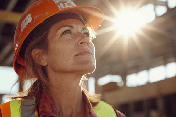 a woman construction worker looks up while on the jobsite