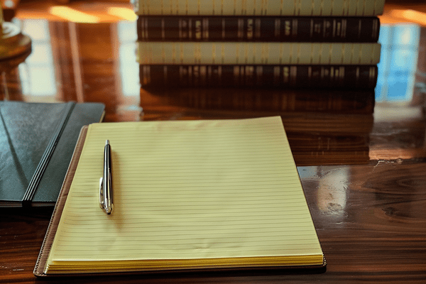 A blank yellow legal pad and a pen sit on a wooden desk