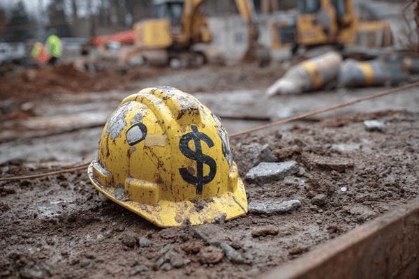 A yellow hard hat with a dollar sign on it laying on the ground at a construction worksite