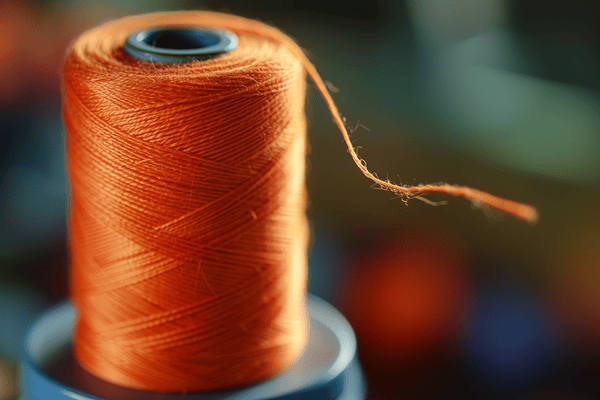 An orange spool of thread with a loose string threatening to unravel it