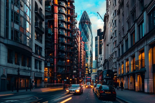 A street view of downtown London with The Gherkin building in the center