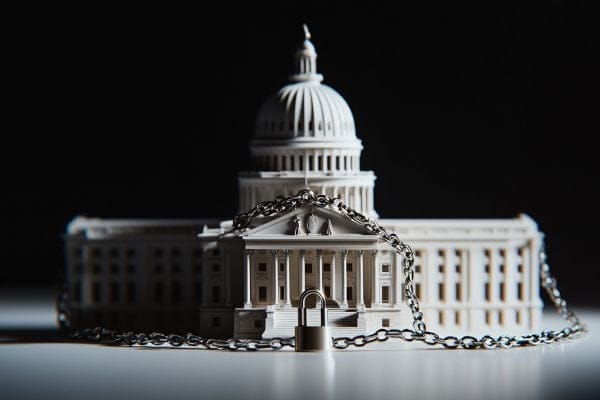 toy model of the Minnesota capitol building wrapped in a chain and padlock