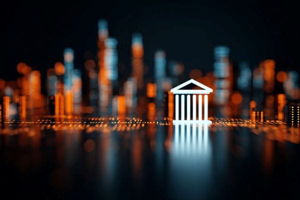 white courthouse icon in front of a blurred binary code New York City skyline