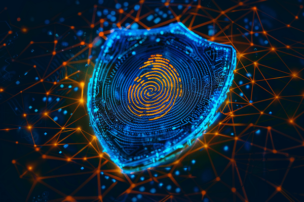 A blue shield with an orange finger print in the center of it laying on top of a blue and orange cyber network