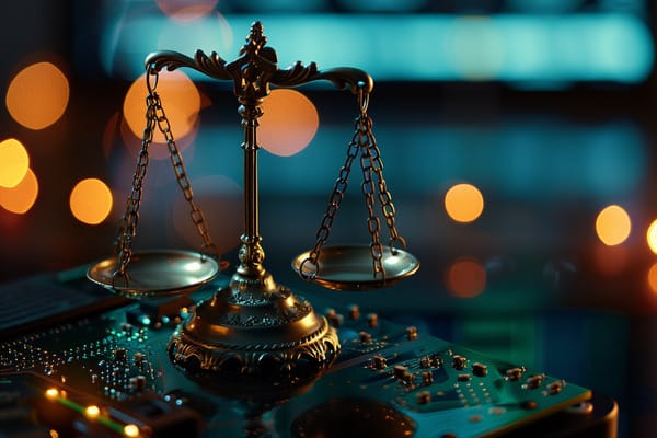 A set of legal scales resting on a large circuit board