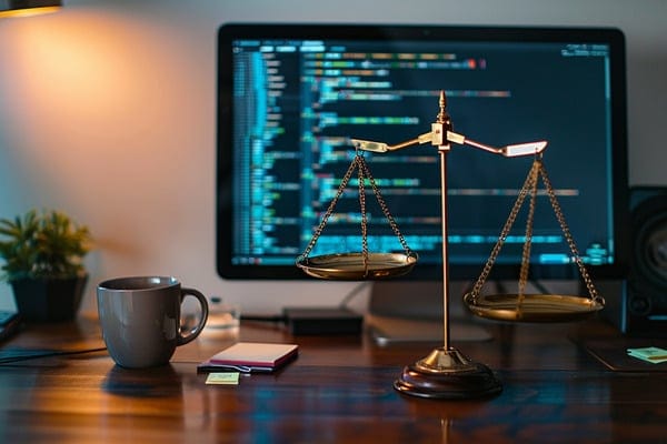 Legal scales resting on a desk in front of a computer monitor, with lines of code displayed on the computer monitor