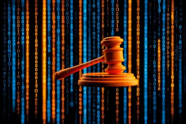 an orange gavel icon superimposed over vertical blue and orange binary lines