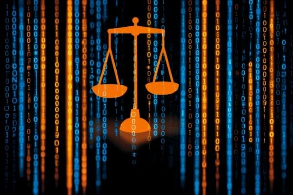 an orange scales of justice icon superimposed over vertical blue and orange binary lines