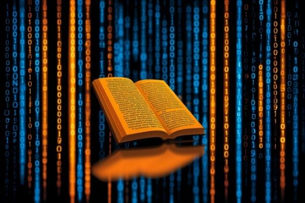 an open orange book icon and its reflection superimposed over blue and orange vertical binary code lines