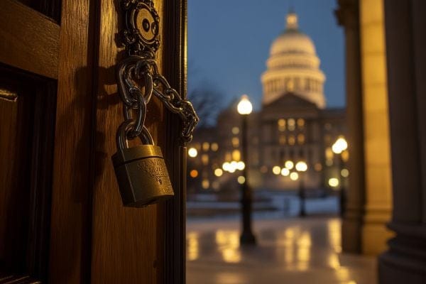 padlock and chain on a door in front of the Minnesota capitol building