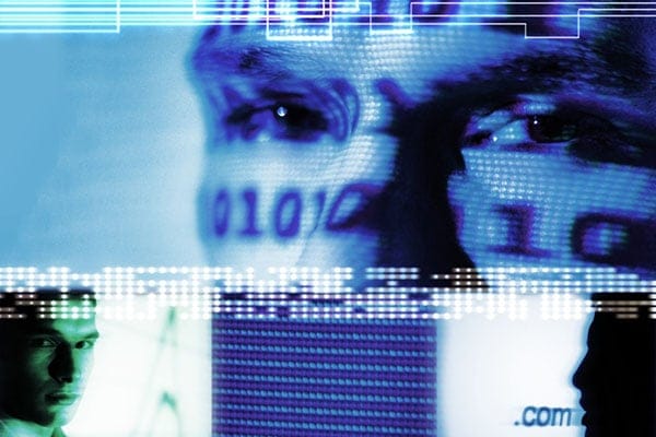 Men's faces with binary code over them