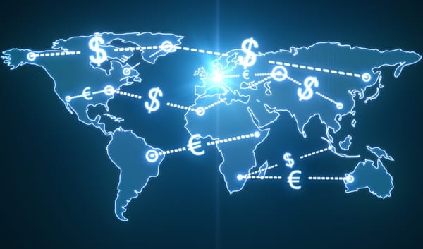 World map with dotted lines and dollar and Euro symbols connecting countries