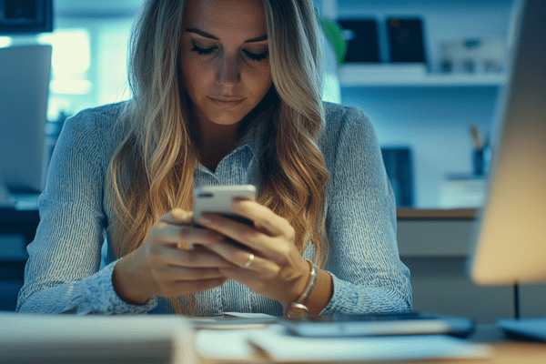 A businesswoman looking at her cellphone while sitting at her office desk
