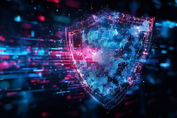 a blue digital shield is cracked with red light streaming through