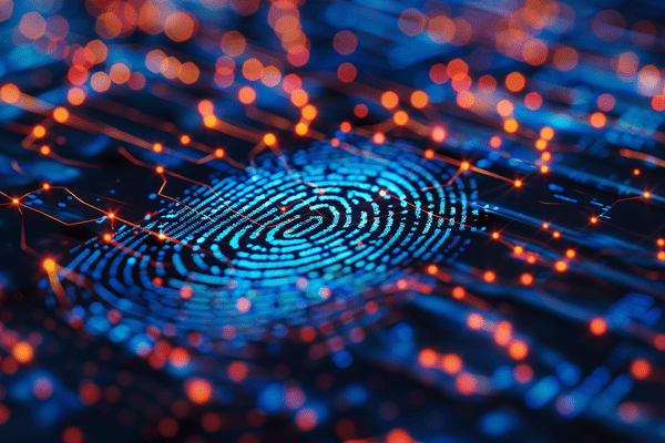 A blue fingerprint sitting on a cyber network