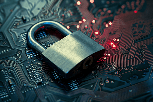 A padlock laying on a circuit board with glowing red lights