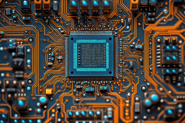 A straight-on close-up image of a blue microchip with orange pathways coming from it