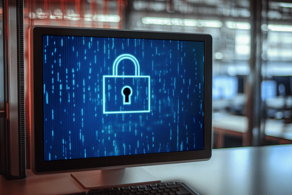an office computer with a blue lock displayed on the monitor