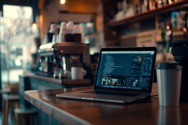unattended open laptop with data on the screen on a counter at a coffee shop