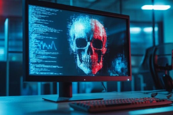 blue and red skull on a computer monitor
