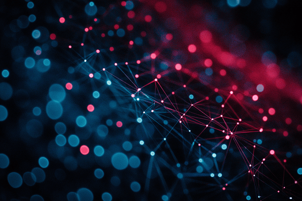 An abstract web of dark red and pale blue dots on a dark background