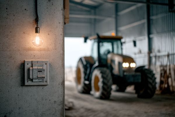 a fuse box and a light bulb in a barn with a tractor