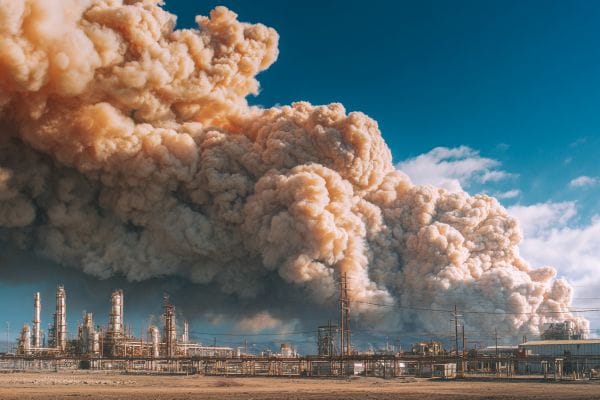 billows of smoke and dust coming from a refinery after an explosion