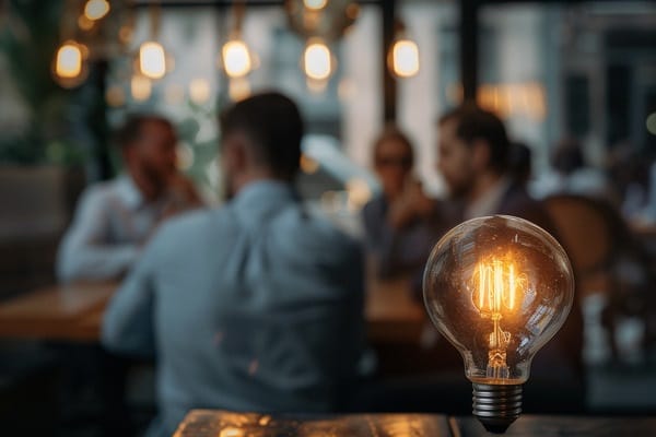 A glowing light bulb with a table of business professionals talking in the background