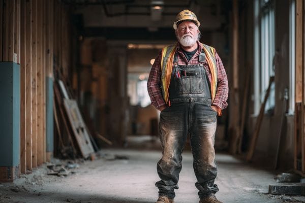 an older construction worker wearing a hard hat, vest, and dirty coveralls standing inside a building under construction