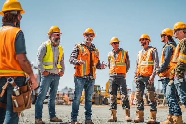 older construction workers talking to younger construction workers