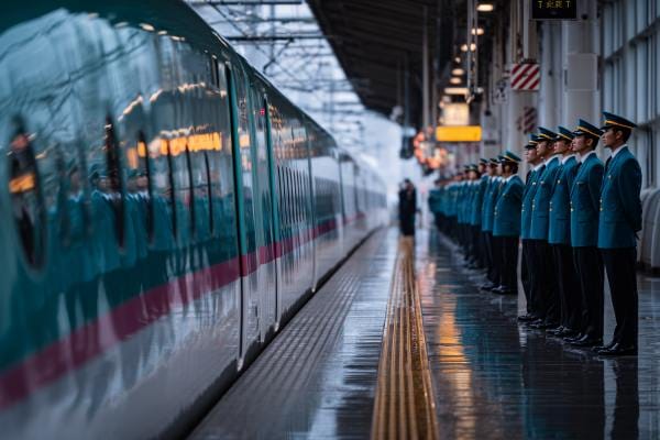 train employees lined up on the platform by a Japanese train