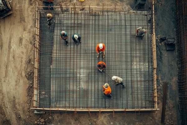 workers laying rebar in a grid on a construction
                    site