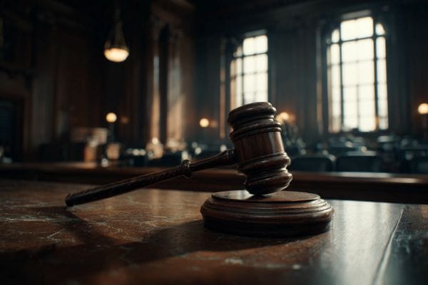 gavel on a rest on a table in a courtroom