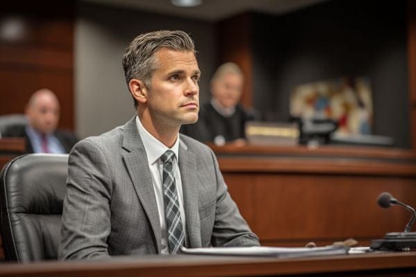man in a gray suit sitting in the witness stand in a courtroom with judge and official in background