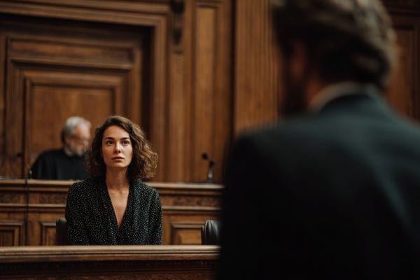 A woman in the witness chair being questioned by a lawyer in a courtroom