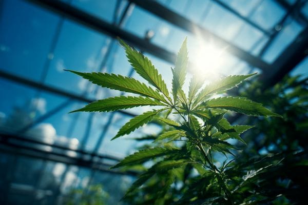 looking up at marijuana leaves in front of the sun to the ceiling of a glass greenhouse