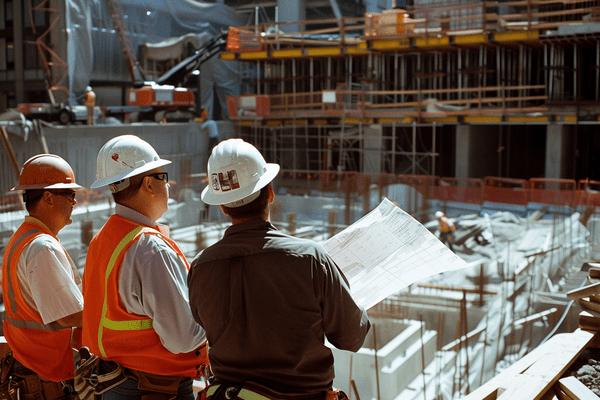 Two construction workers and a business professional review blueprints on a jobsite